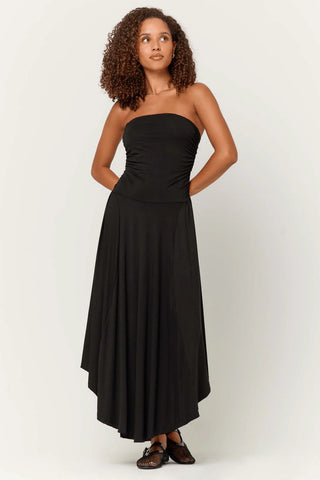 GODDESS STRAPLESS SHIRRED DRESS