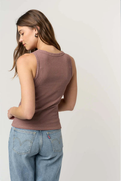 NADIA LUREX THREAD SCOOP NECK RIB TANK - ROSE TAUPE