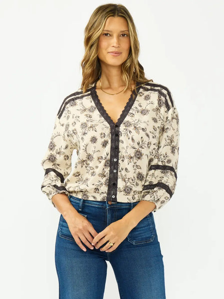 Lace-Trim 3/4 Sleeve Button-Front Top
