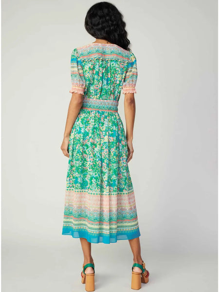 Floral Border Print Surplice Midi Dress