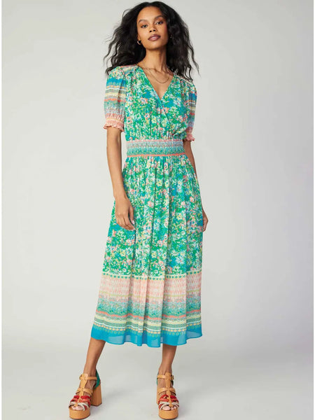 Floral Border Print Surplice Midi Dress