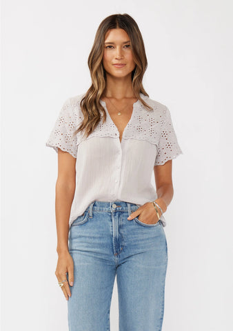 Floral Eyelet Short Sleeve Button-Down Top