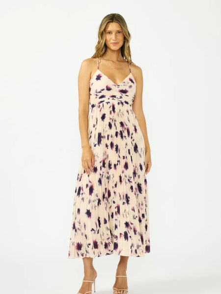 Floral Pleated V-Neck Tie-Back Midi Dress