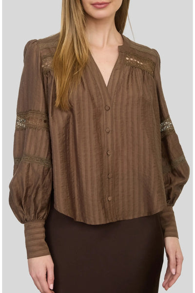 Lace Detail Button Front Stripe Top