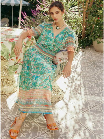 Floral Border Print Surplice Midi Dress