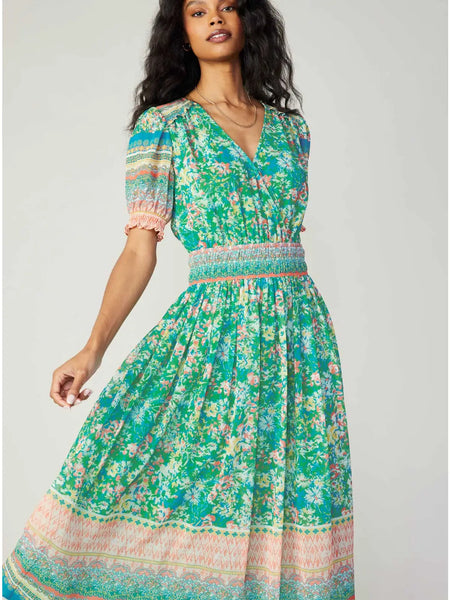 Floral Border Print Surplice Midi Dress