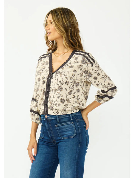 Lace-Trim 3/4 Sleeve Button-Front Top