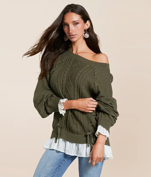 Chiffon Trim Lace-Up Sweater