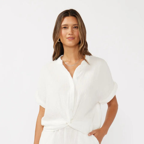 Dropped Shoulder Knot Front Button-Down Top