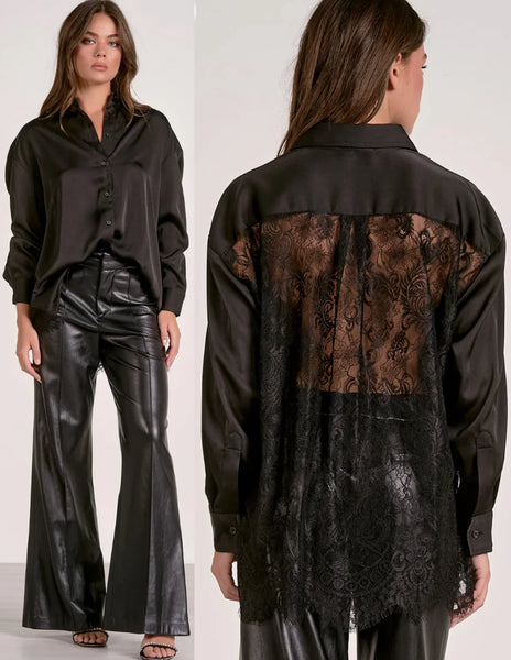 Black Satin Blouse with Lace Back