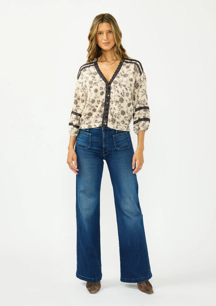 Lace-Trim 3/4 Sleeve Button-Front Top