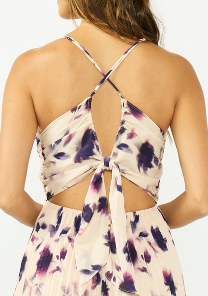 Floral Pleated V-Neck Tie-Back Midi Dress
