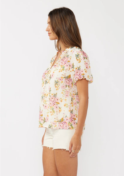 Floral Puff Sleeve Button-Down Top **SIZE S & M LEFT**