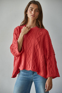 Lioness Cable Knit Sweater - DUSTY RED