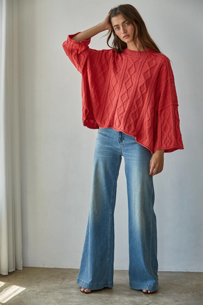 Lioness Cable Knit Sweater - DUSTY RED