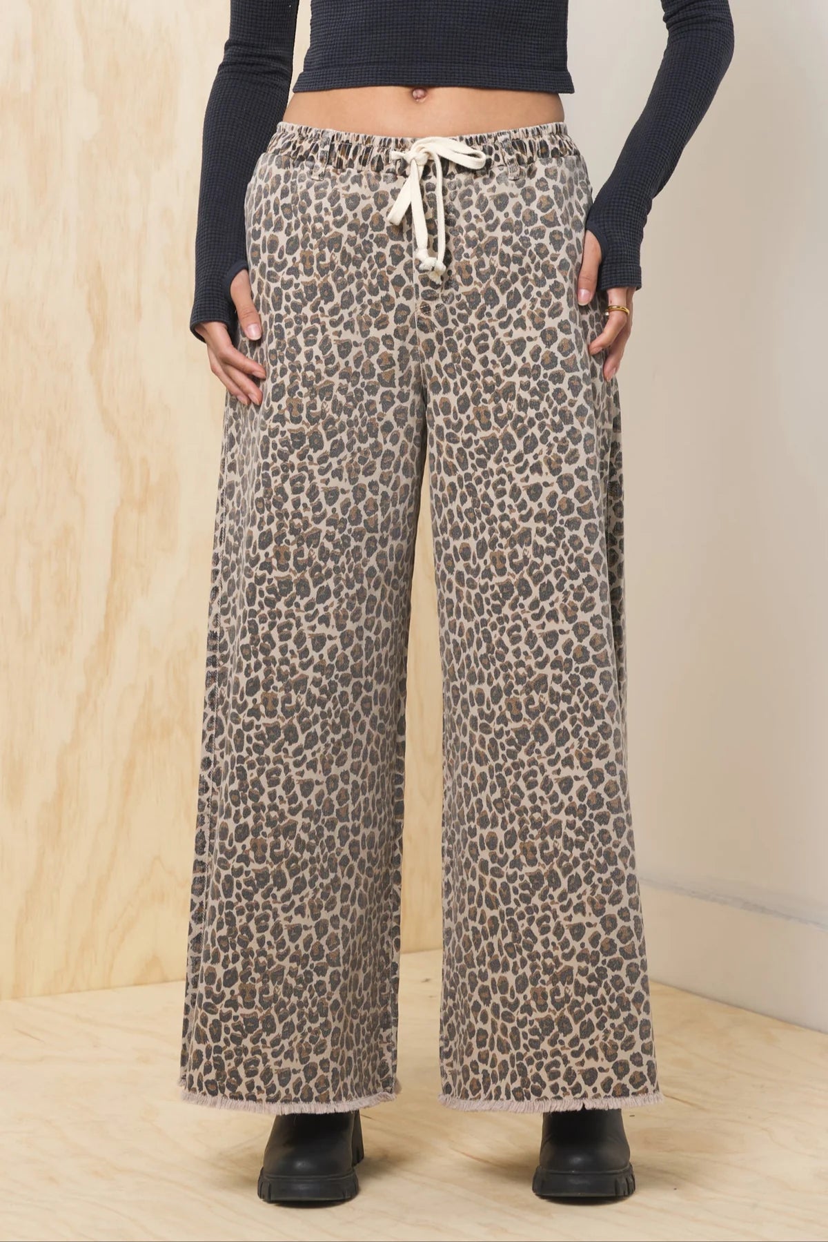 Leopard Stretch Denim Wide Leg Pant