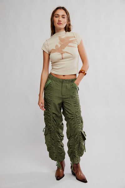 Scorpio Shirred Mid-Rise Cargo Pants in Lichen
