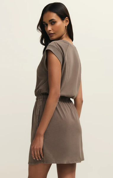 KALANI JERSEY DENIM MINI DRESS IN PERFECTLY TAUPE