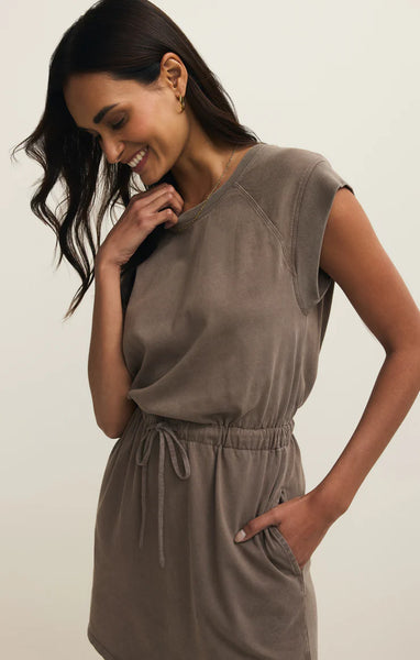 KALANI JERSEY DENIM MINI DRESS IN PERFECTLY TAUPE