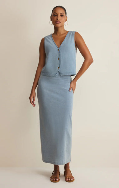 GAIL JERSEY DENIM MIDI SKIRT in Ocean Air
