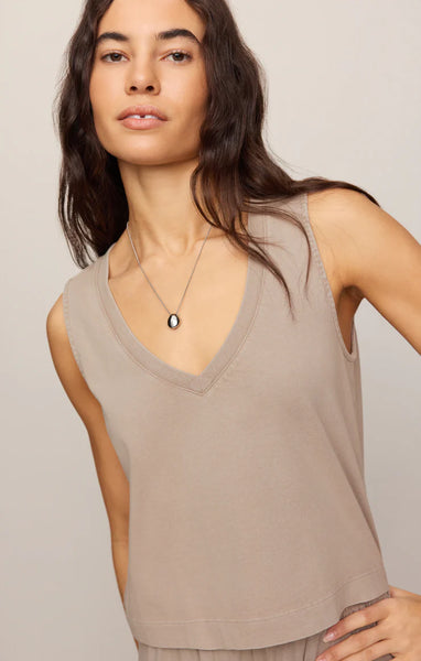 SLOANE V-NECK COTTON JERSEY TANK IN STONE GRAY