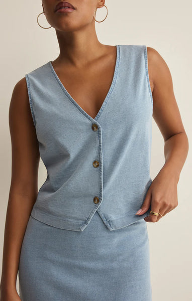 NOELLE JERSEY DENIM SLEEVELESS TANK in OCEAN AIR INDIGO