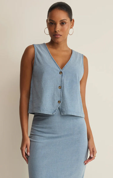 NOELLE JERSEY DENIM SLEEVELESS TANK in OCEAN AIR INDIGO
