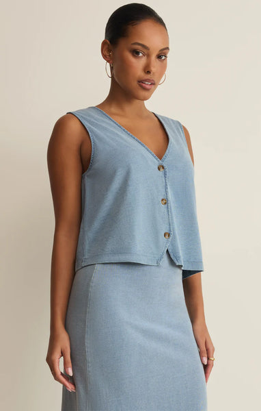 NOELLE JERSEY DENIM SLEEVELESS TANK in OCEAN AIR INDIGO