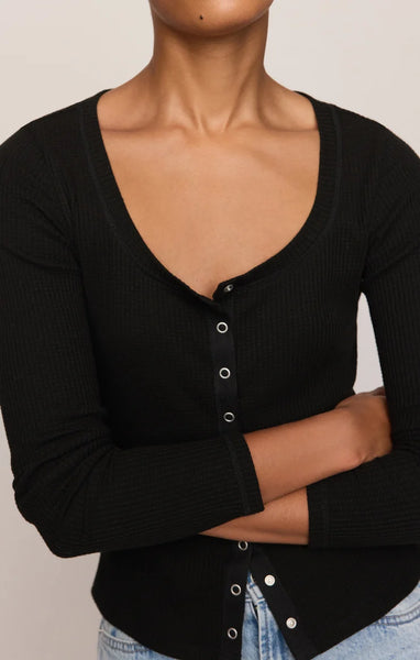 ALBANY WAFFLE BUTTON UP TOP in  BLACK