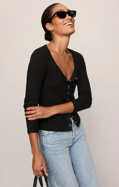 ALBANY WAFFLE BUTTON UP TOP in  BLACK