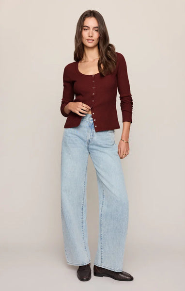 ALBANY WAFFLE BUTTON UP TOP in  VELVET ROUGE