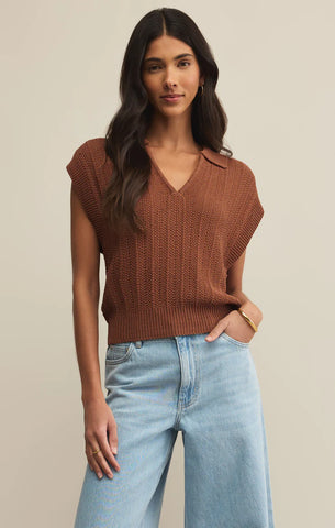 LAUDEN CROCHET POLO TOP in Teakwood
