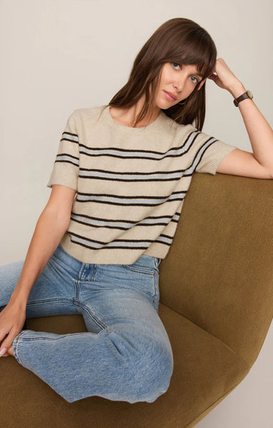 GATEWOOD STRIPE SWEATER TEE~~LIGHT OATMEAL HEATHER
