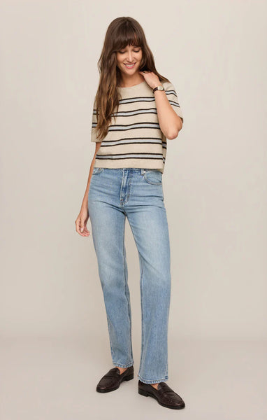 GATEWOOD STRIPE SWEATER TEE~~LIGHT OATMEAL HEATHER