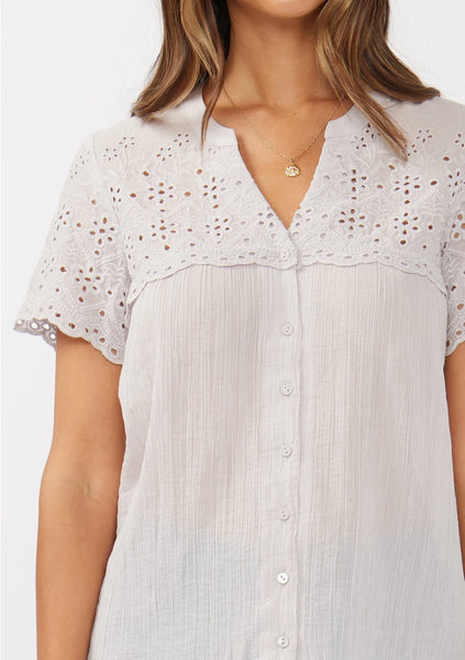 Floral Eyelet Short Sleeve Button-Down Top **LAST ONE SIZE SMALL**