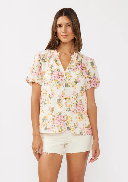 Floral Puff Sleeve Button-Down Top **SIZE S & M LEFT**
