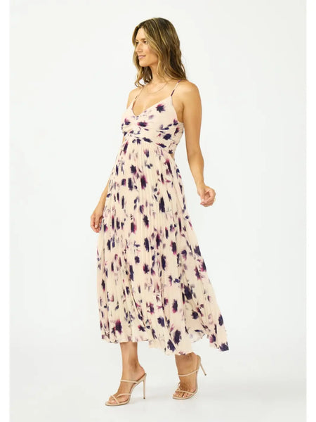 Floral Pleated V-Neck Tie-Back Midi Dress