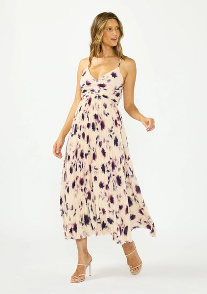 Floral Pleated V-Neck Tie-Back Midi Dress
