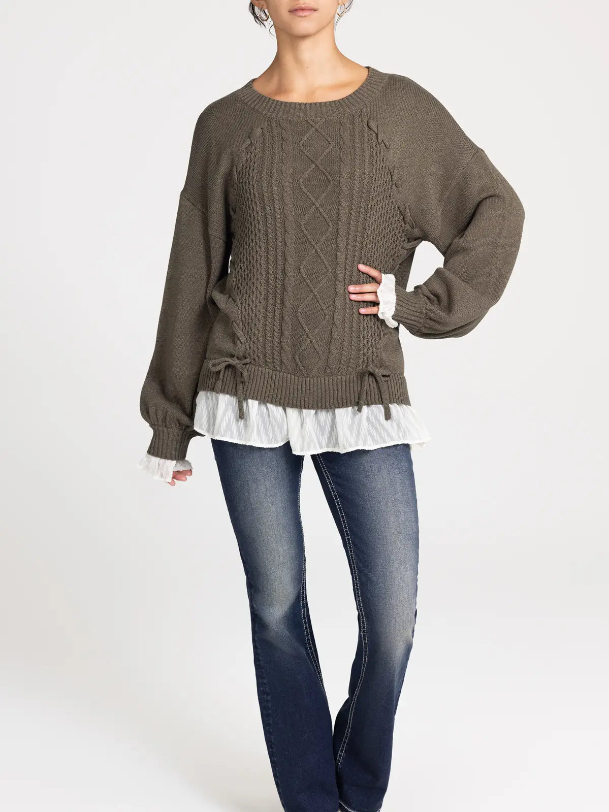 Chiffon Trim Lace-Up Sweater