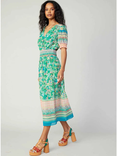 Floral Border Print Surplice Midi Dress