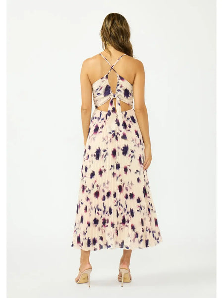 Floral Pleated V-Neck Tie-Back Midi Dress