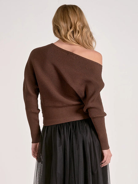 ONE SHOULDER SWEATER - DARK CHOCOLATE
