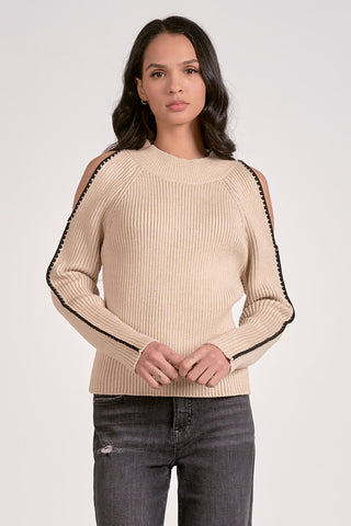CONTRAST TRIM COLD SHOULDER SWEATER