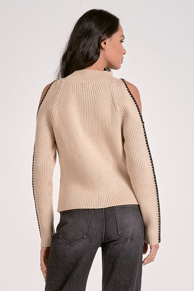 CONTRAST TRIM COLD SHOULDER SWEATER