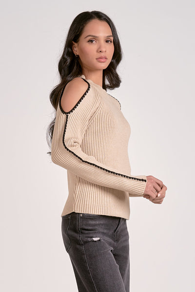 CONTRAST TRIM COLD SHOULDER SWEATER