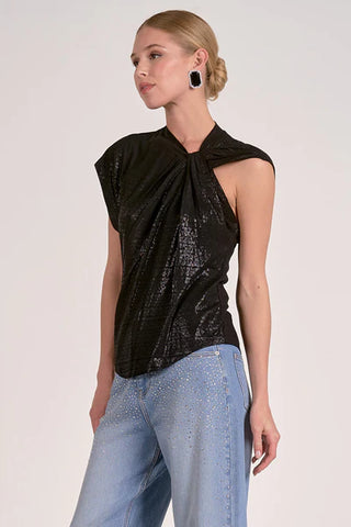 BLACK SHORT SLEEVE TWIST SHOULDER TOP